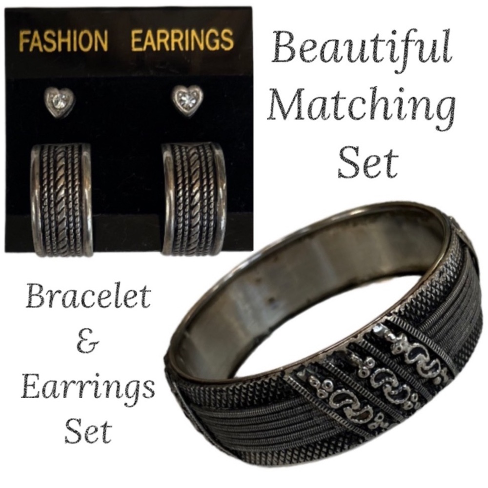 Antiqued Silver Embossed Bangle Bracelet & Earring Set